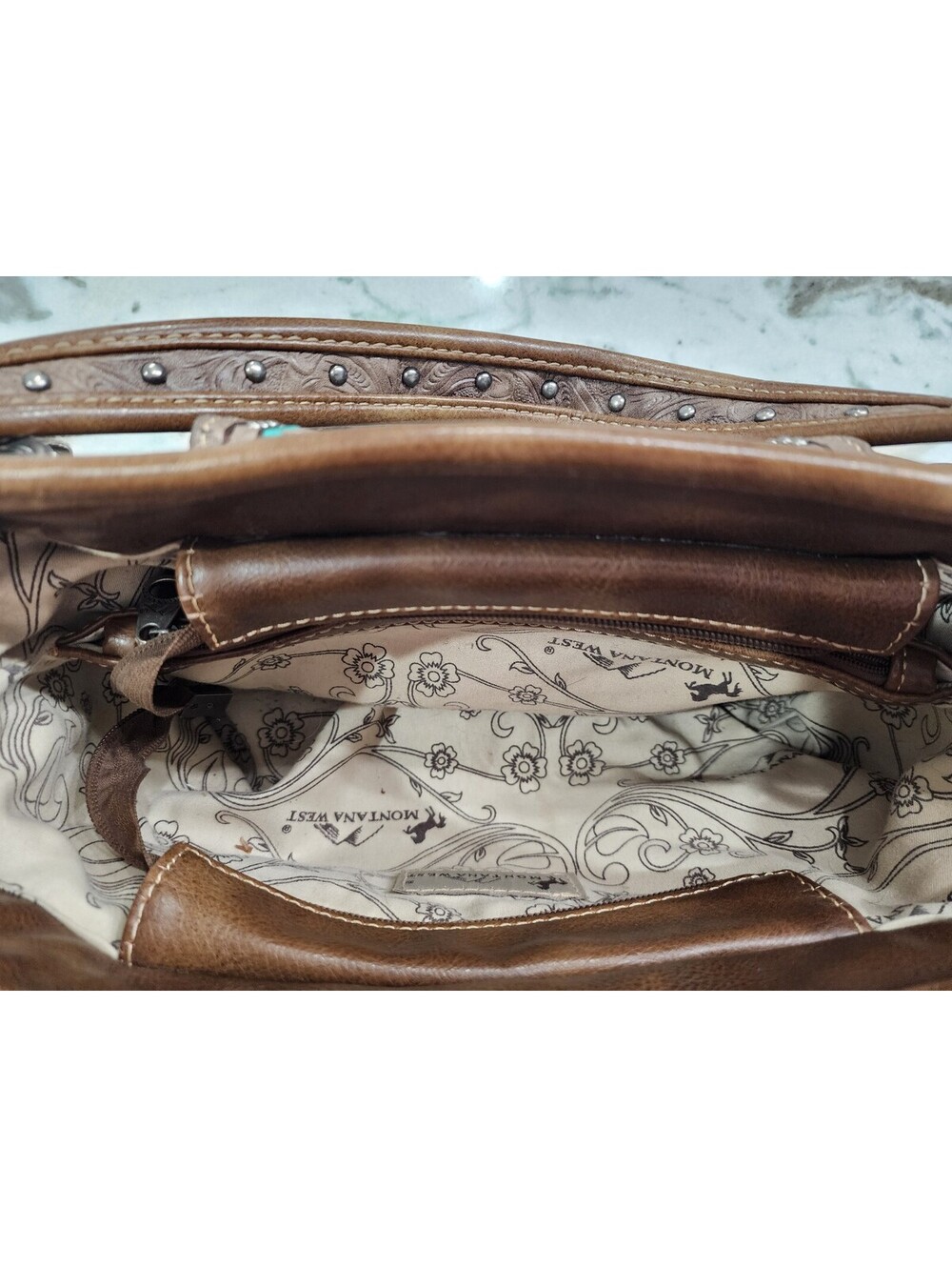 Montana West Brown Leather Handbag with Turquoise Accents and Studded Detailing - Picture 4 of 9